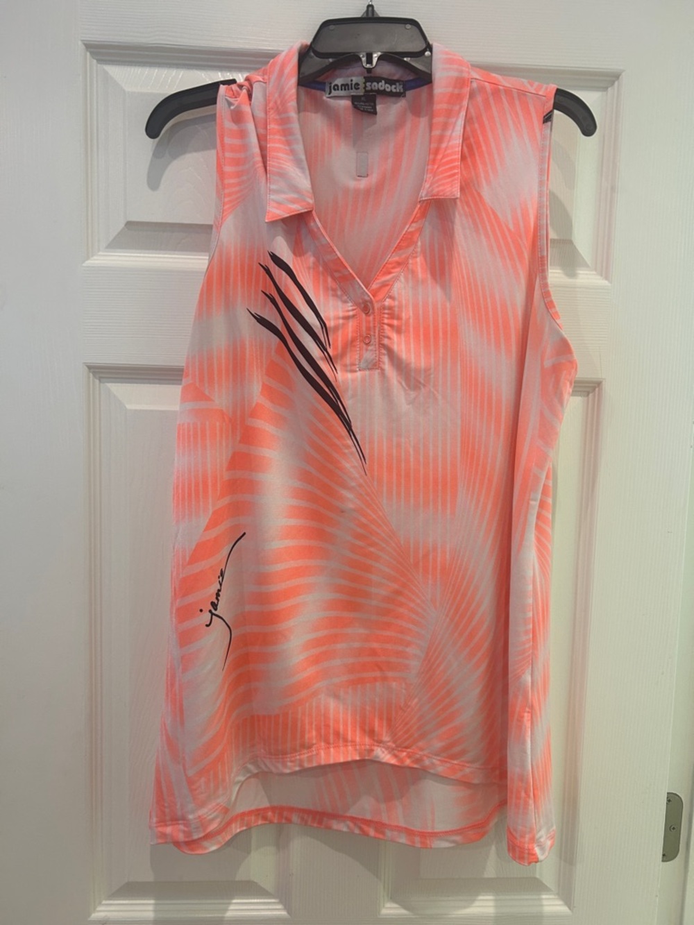 jamie sadock Neon Coral & White Sleeveless Polo Tunic with Black Graphic